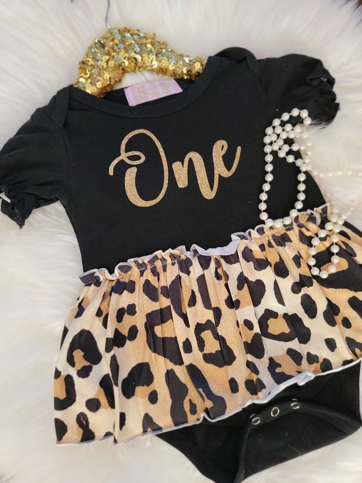 $15.00 EA - 6-12M X 2/ 12-24M X 2  - Black Leopard First Birthday Gold Glitter Skirted Romper