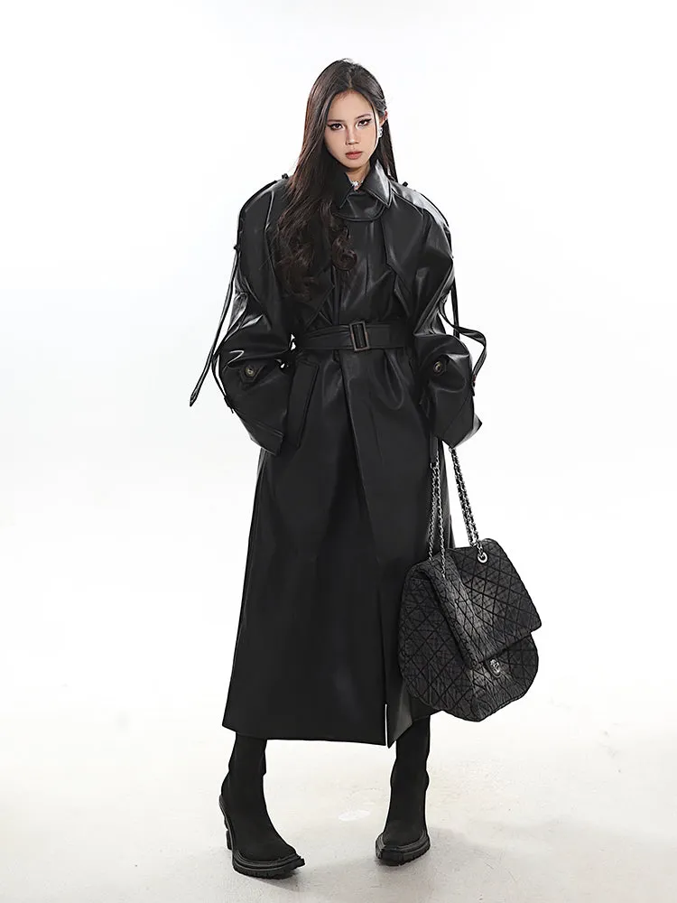 【23s December.】Long Belted Double-breasted Leather Coat