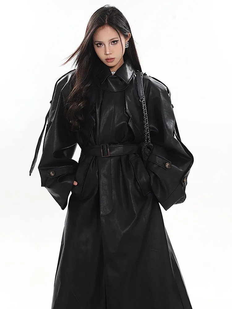 【23s December.】Long Belted Double-breasted Leather Coat