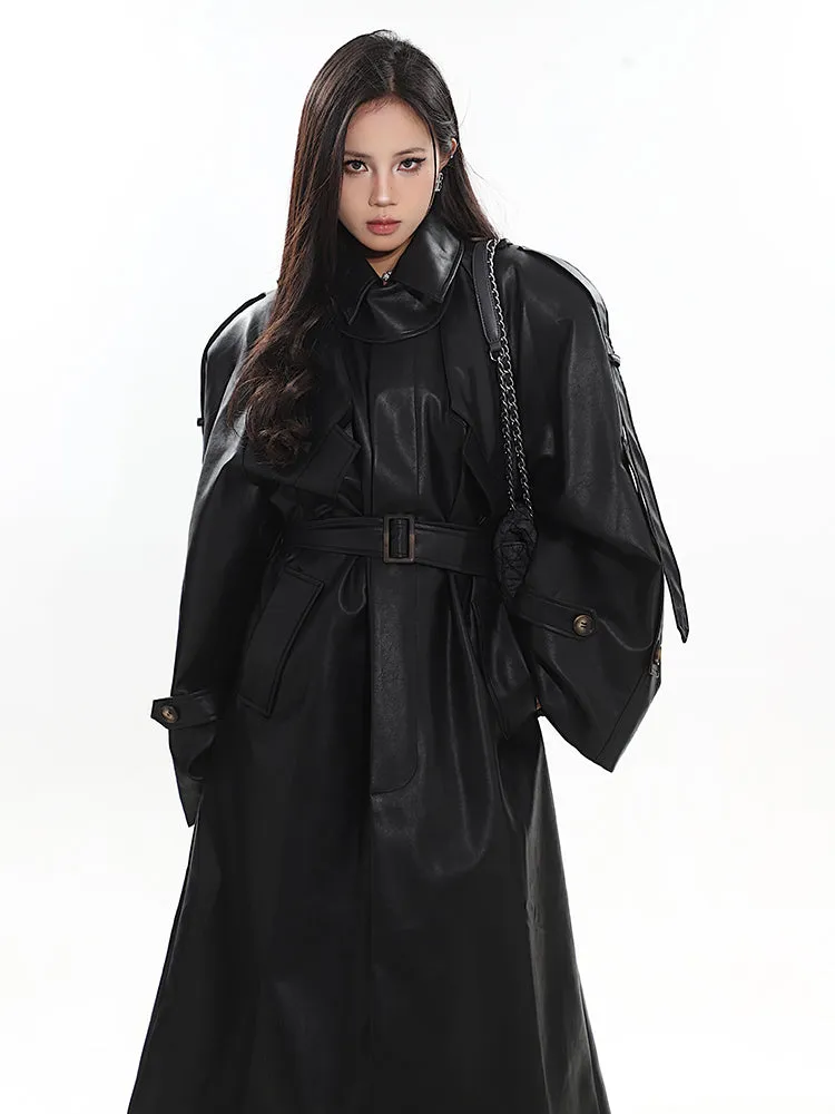 【23s December.】Long Belted Double-breasted Leather Coat