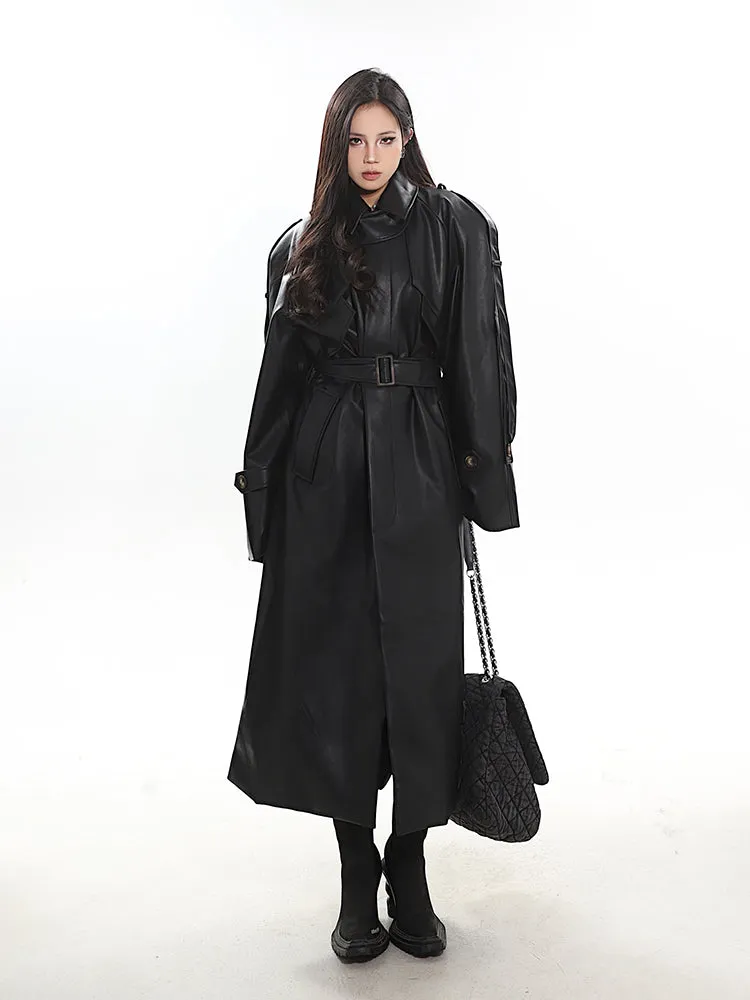 【23s December.】Long Belted Double-breasted Leather Coat