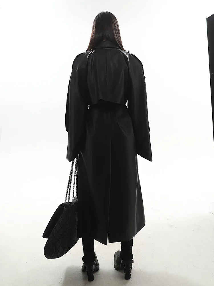 【23s December.】Long Belted Double-breasted Leather Coat