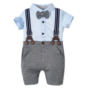 2PCS Toddler Boys Bowtie Short Sleeves Baby Outfit Set Baby Romper Suspender Set