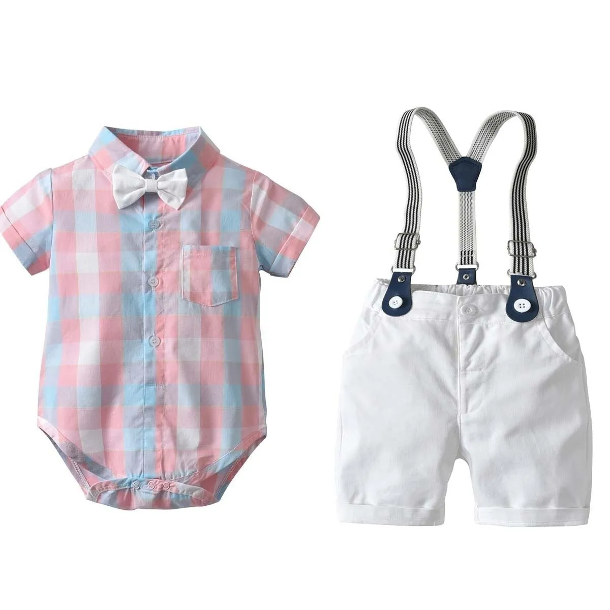 2PCS Toddler Boys Bowtie Short Sleeves Baby Outfit Set Baby Romper Suspender Set