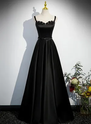 A-line Black Straps Beaded Satin Long Party Dress, Black Prom Dress