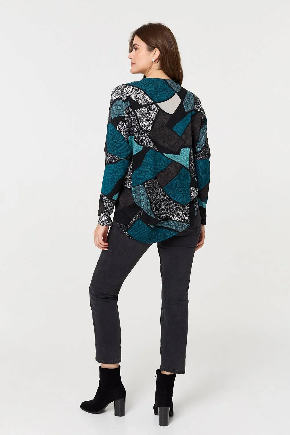 Abstract Print Zip-Front Long Sleeve Top