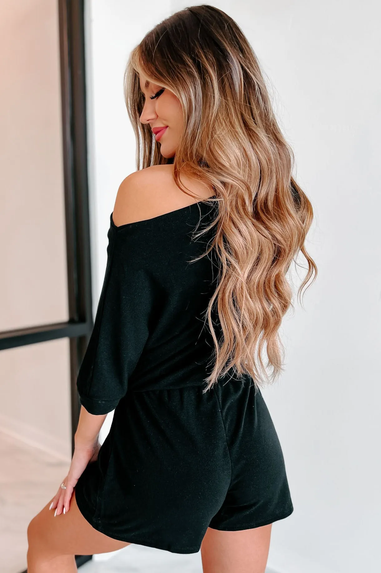 Acting In Kindness Off The Shoulder Drawstring Romper (Black)