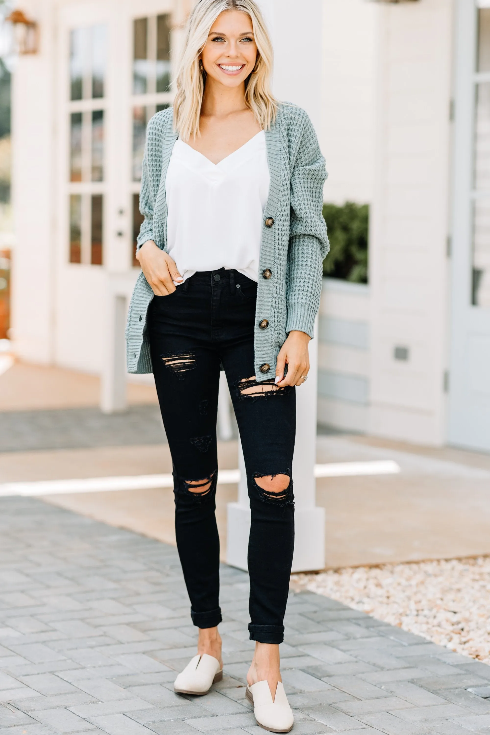 Always Here For You Light Green Waffle Cardigan