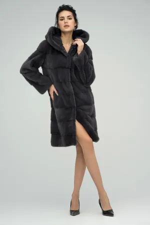 Anthracite Hooded Mink Fur Maxi Coat