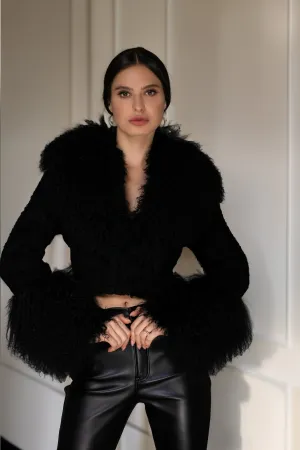 AW - Black Cropped Mongolian Fur Coat