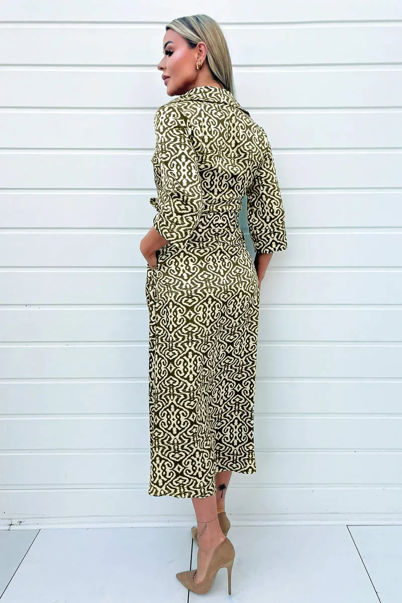 AX PARIS KHAKI AND CREAM PRINT SHIRT MIDI DRESS