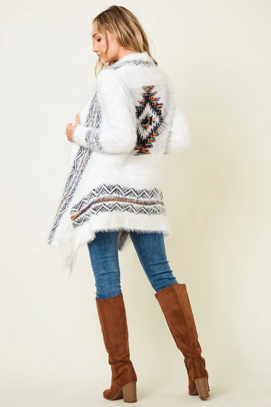 Aztec Rainbow Fuzzy Cardigan - Soft White