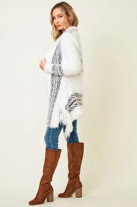 Aztec Rainbow Fuzzy Cardigan - Soft White