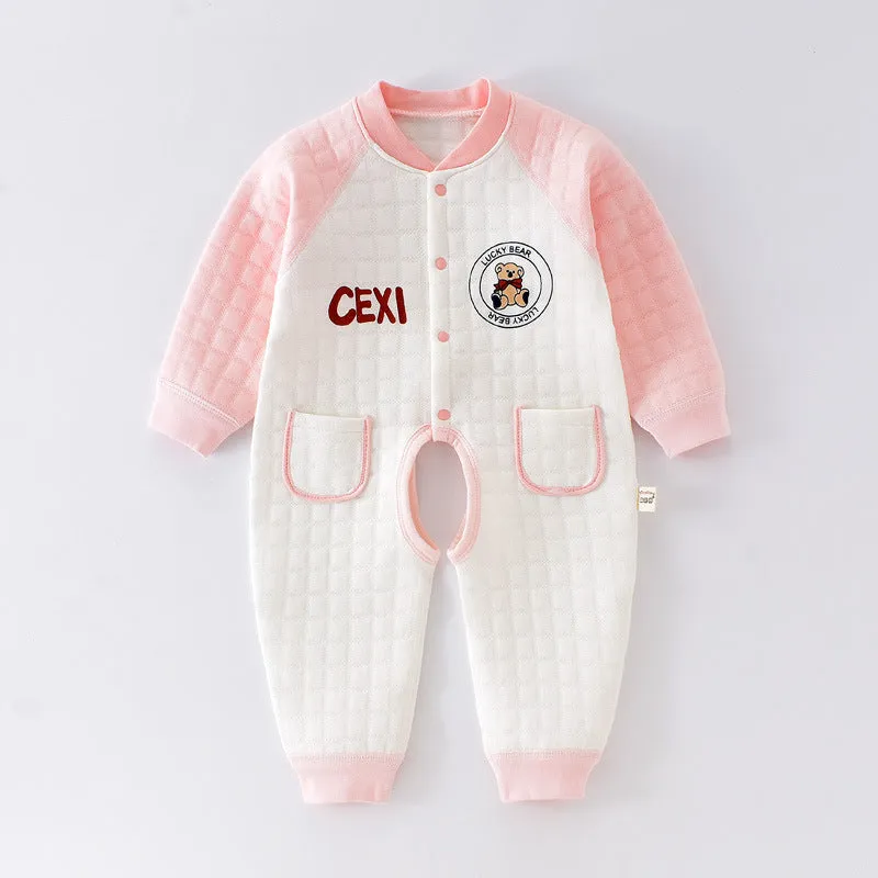 Baby autumn and winter cotton three-layer warm thickened open gear crawling suit