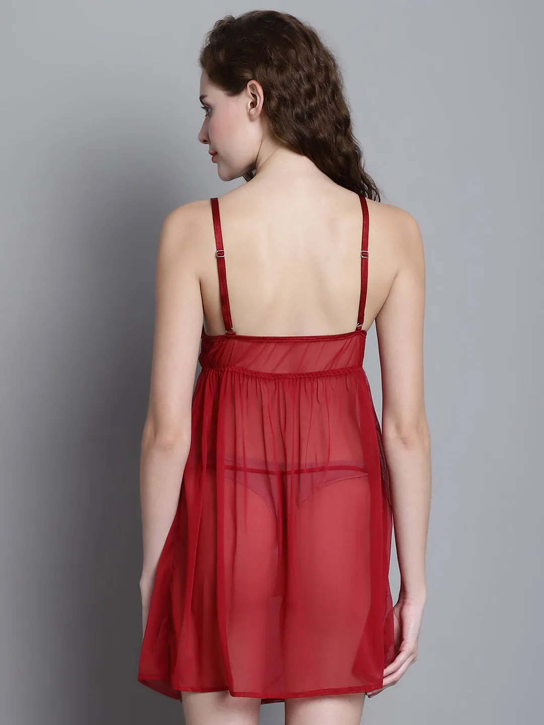 Babydoll Overall Sheer Dress - Red