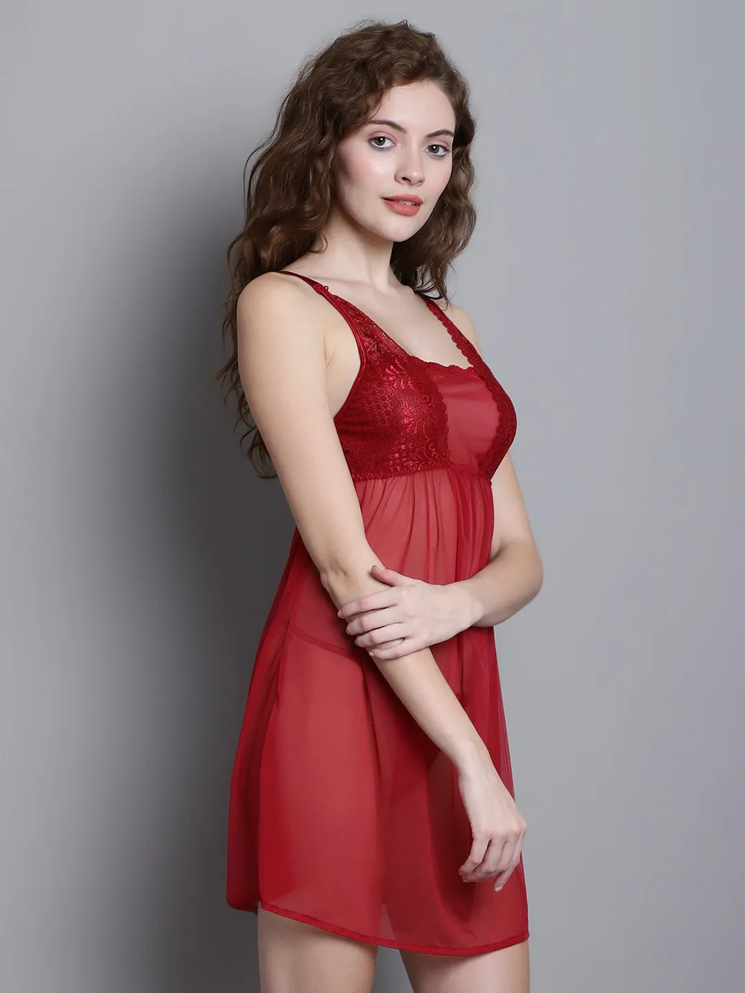 Babydoll Overall Sheer Dress - Red