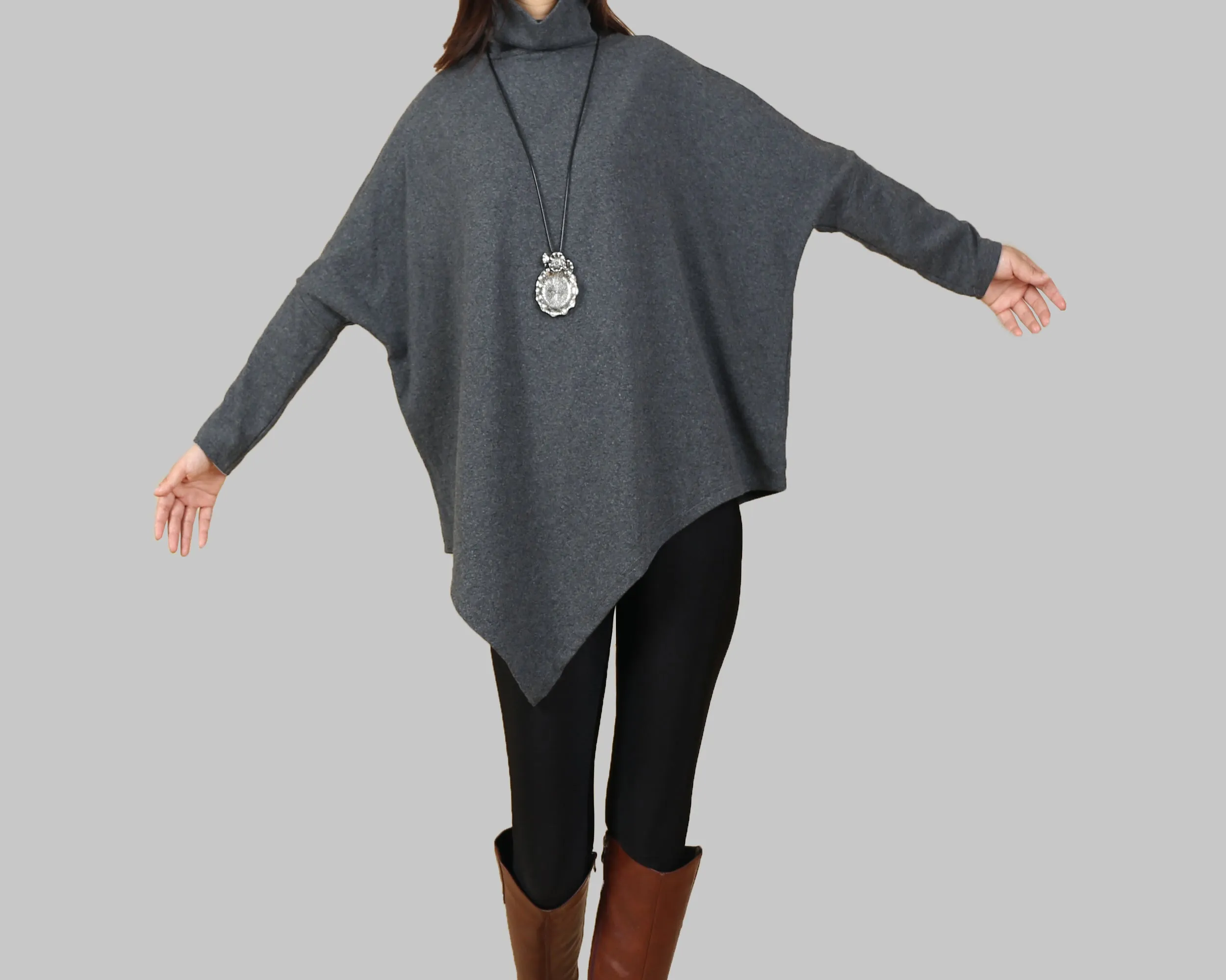 Bat sleeve top, cotton tunic top, high neck cotton t-shirt, oversized top,maternity clothing, asymmetrical tops(Y1079)