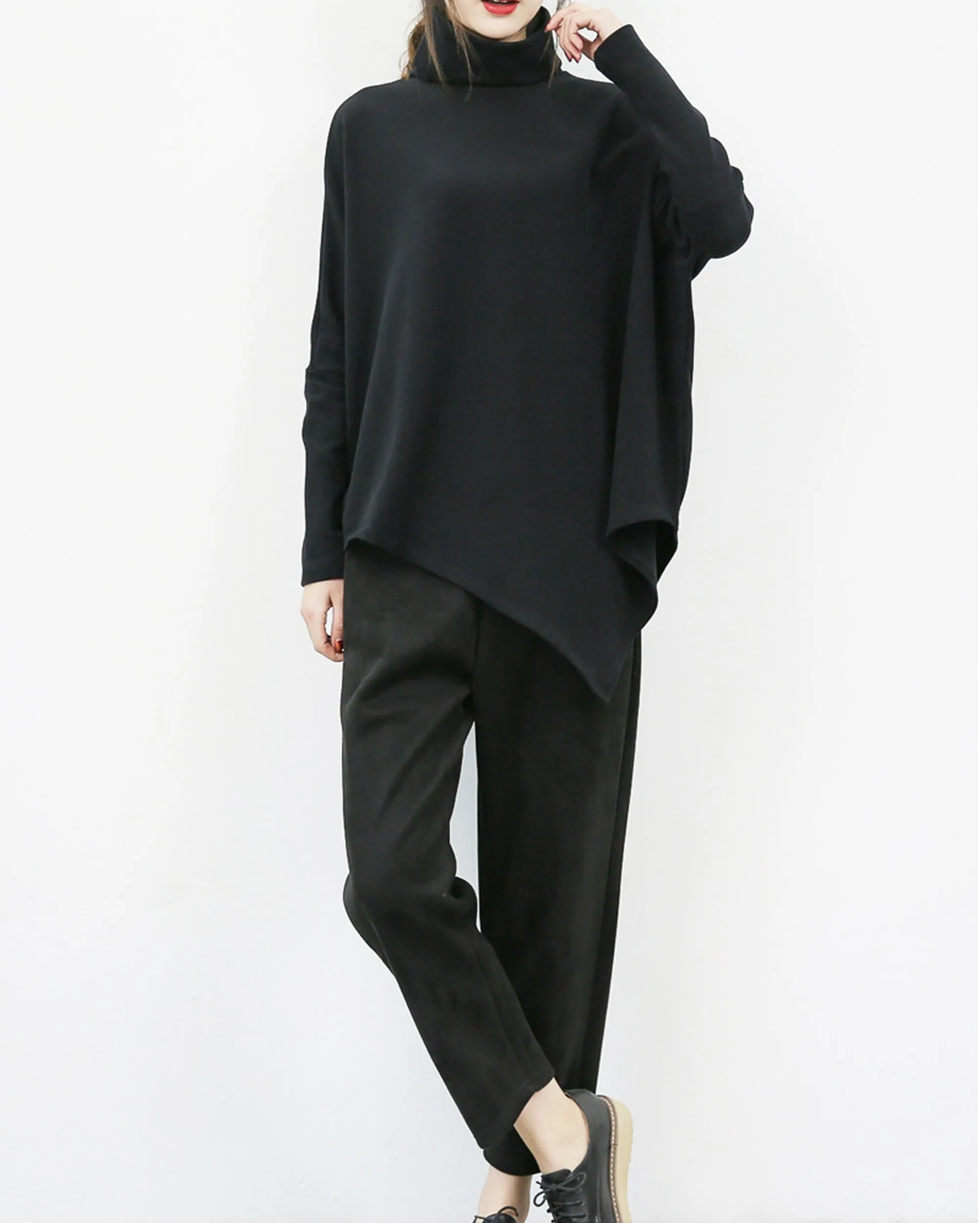 Bat sleeve top, cotton tunic top, high neck cotton t-shirt, oversized top,maternity clothing, asymmetrical tops(Y1079)