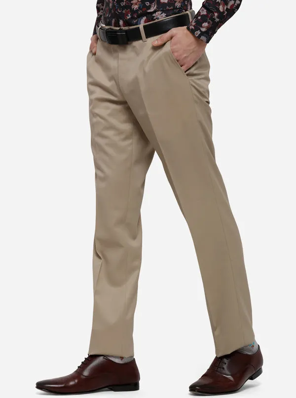 Beige Solid Slim Fit Formal Trouser | Metal