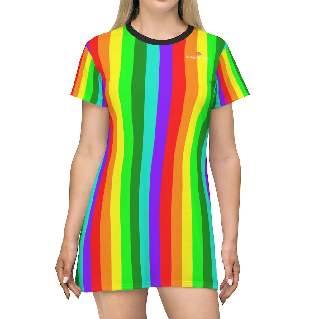 Best Rainbow Striped T-Shirt Dress, Gay Pride Vertical Striped Women's Crew Neck Dress - Made in USA