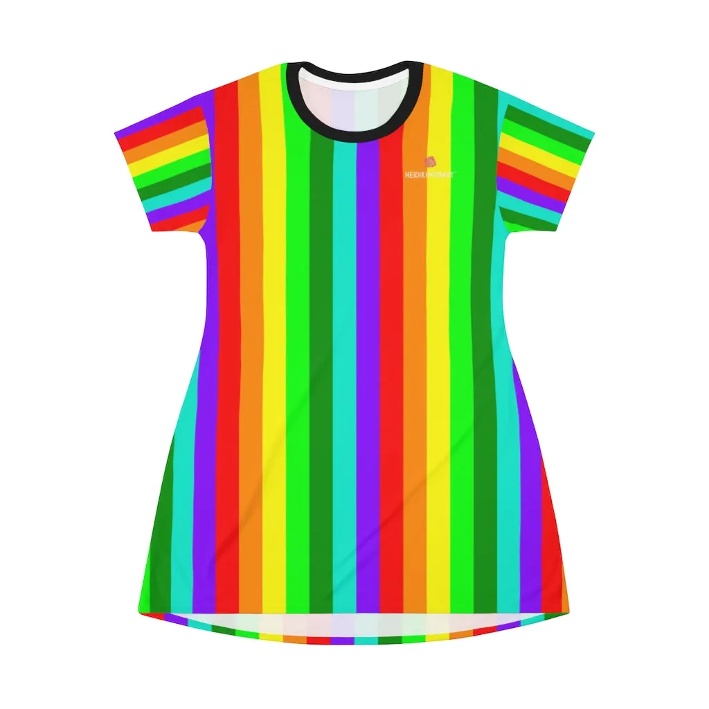 Best Rainbow Striped T-Shirt Dress, Gay Pride Vertical Striped Women's Crew Neck Dress - Made in USA