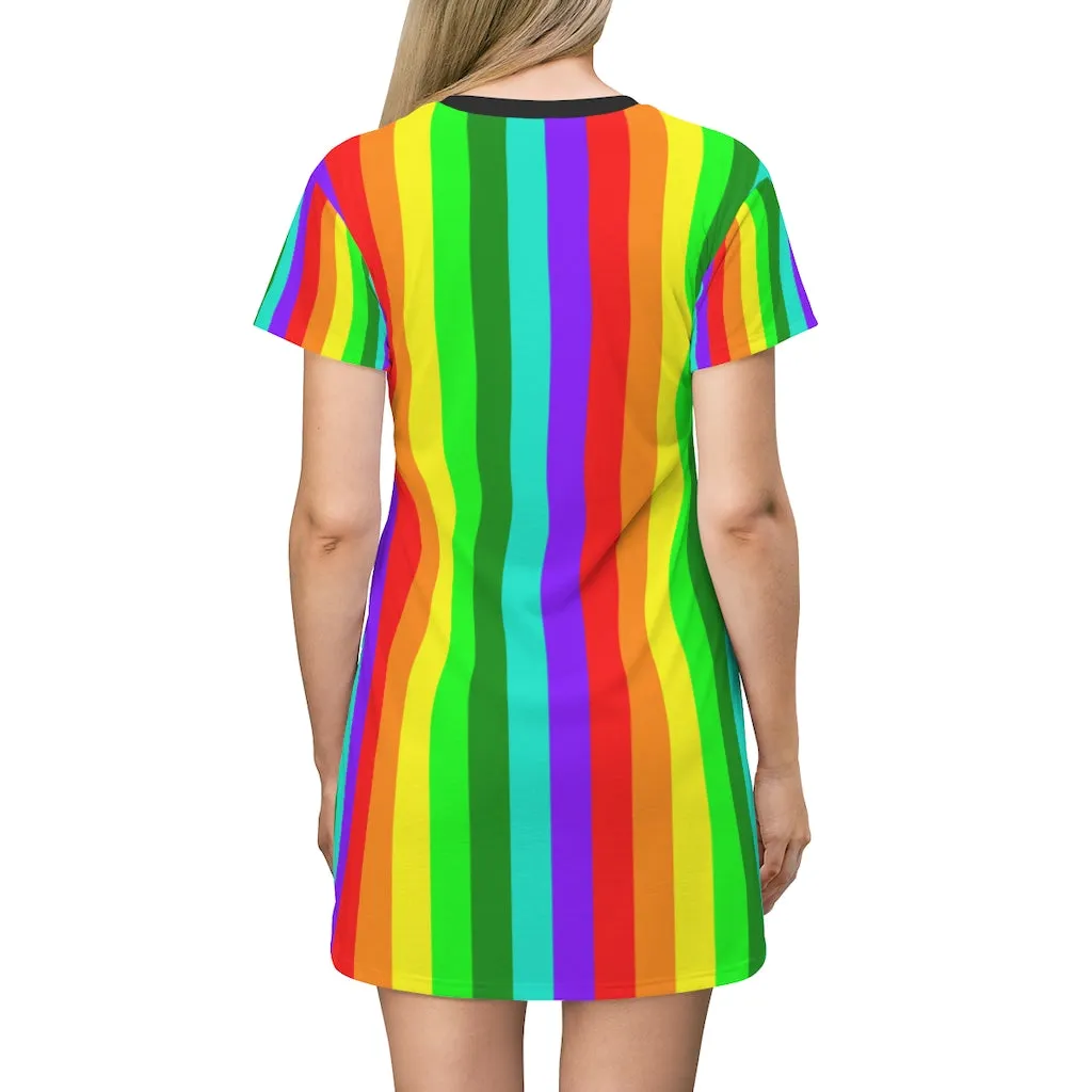 Best Rainbow Striped T-Shirt Dress, Gay Pride Vertical Striped Women's Crew Neck Dress - Made in USA