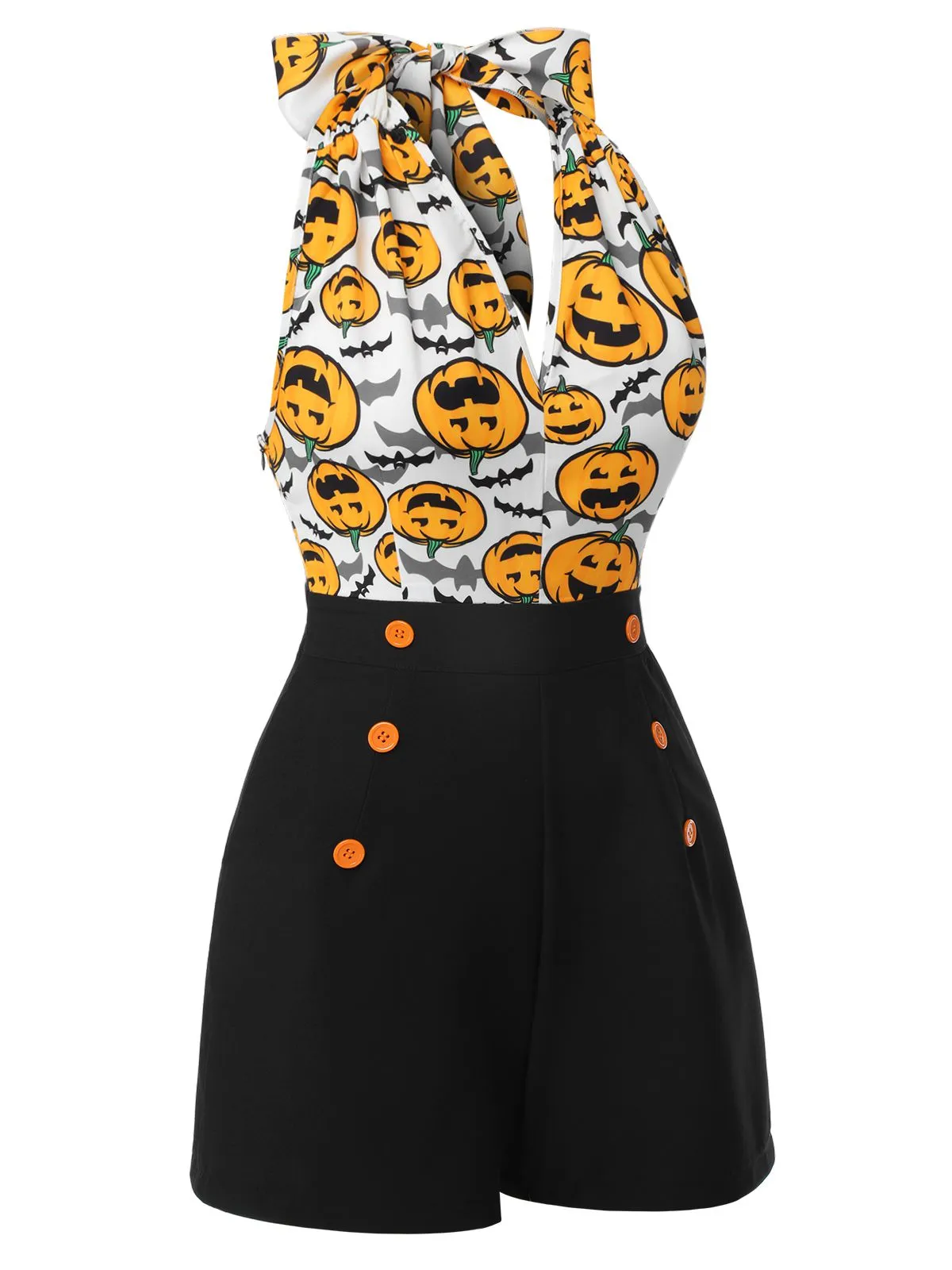 Black 1950s Halloween Pumpkin Halter Romper