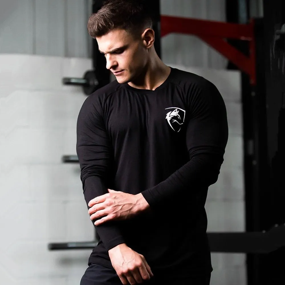 Black Casual Long sleeves T-shirt Autumn Men Gym Fitness Male Running Workout Cotton Print t shirt Slim Tee Tops Brand Clothing