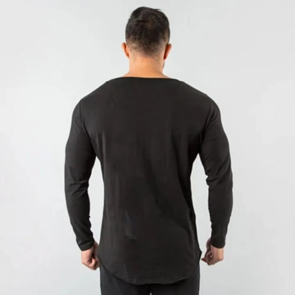 Black Casual Long sleeves T-shirt Autumn Men Gym Fitness Male Running Workout Cotton Print t shirt Slim Tee Tops Brand Clothing