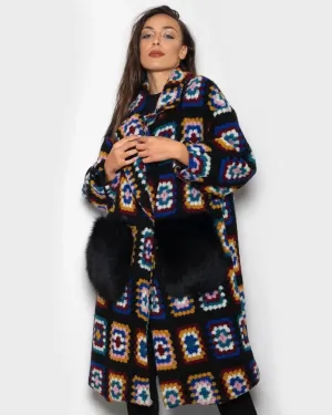 Black Crochet Patterned Fox Coat With Pockets