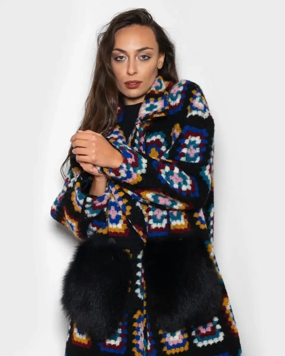 Black Crochet Patterned Fox Coat With Pockets