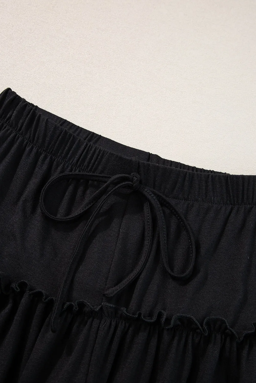 Black Frilled Drawstring High Waist Wide Leg Pants