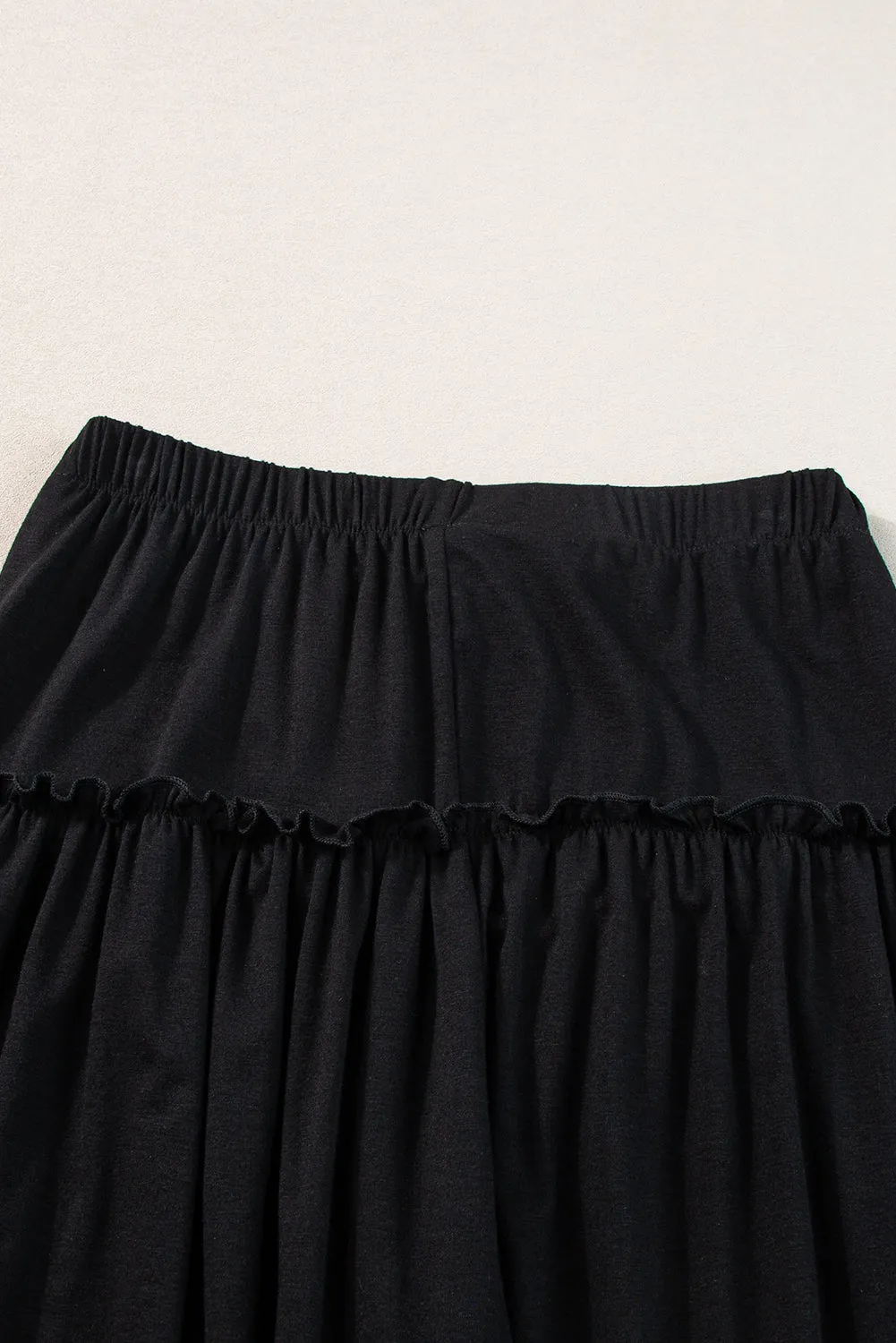 Black Frilled Drawstring High Waist Wide Leg Pants