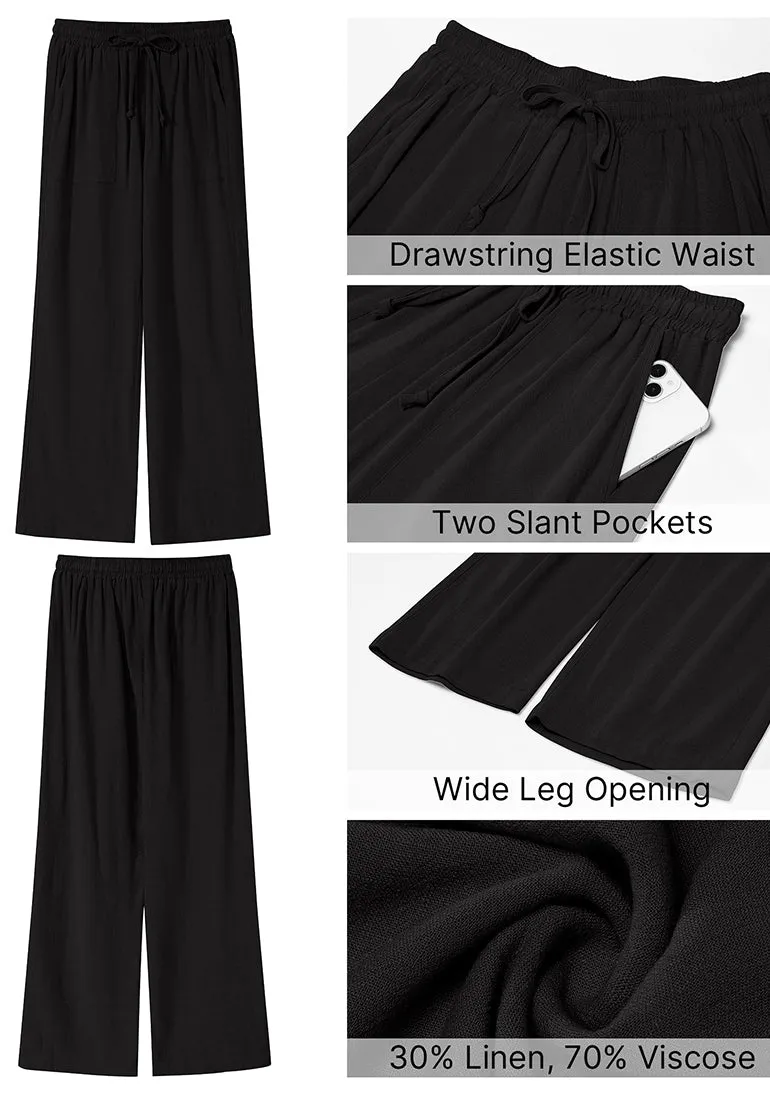 Black Women's Lounge Elastic Waist Pants with Pockets Soft Quick Dry Wide Leg