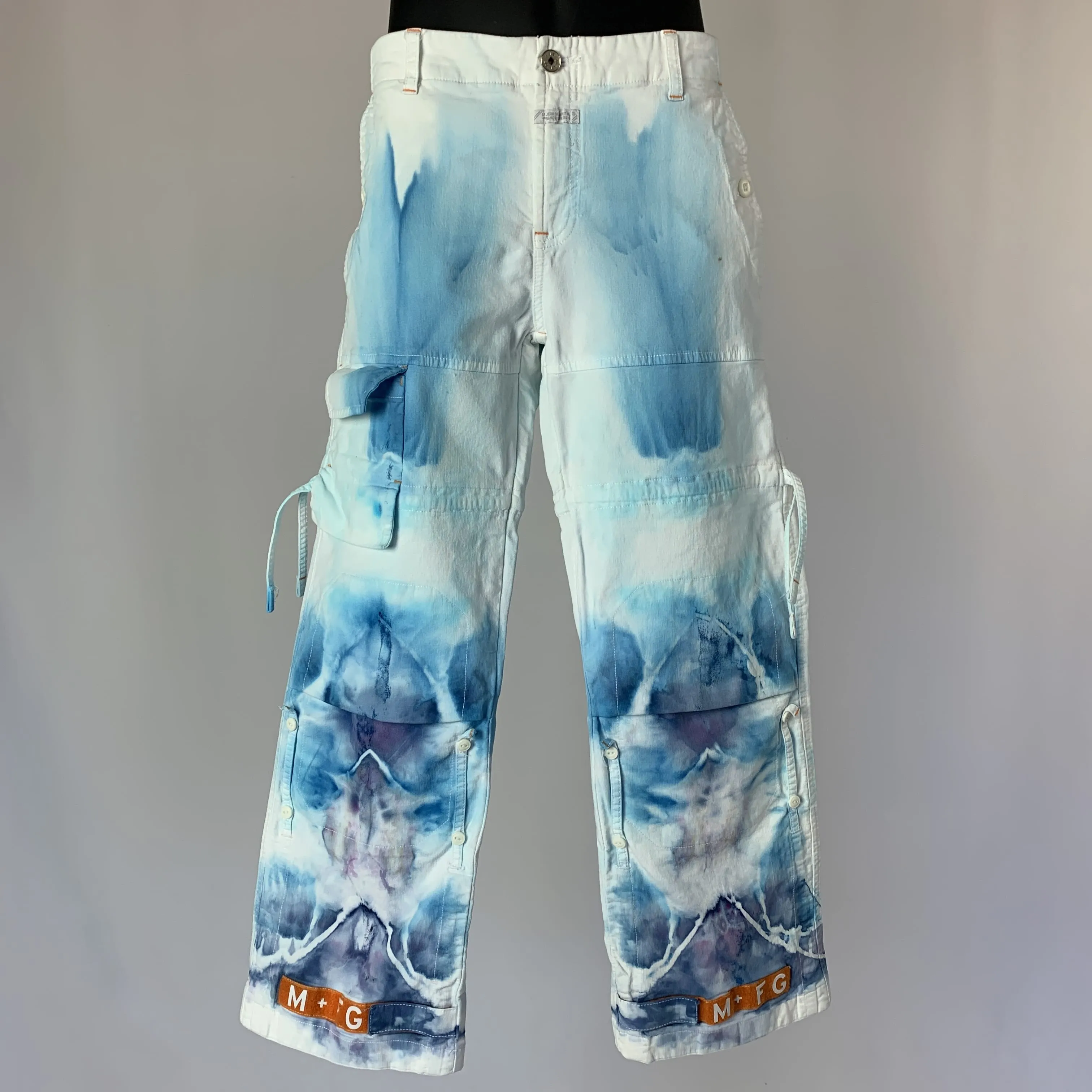 Blue and Purple Fractal Flow | French designer cargo pants | 33” waist