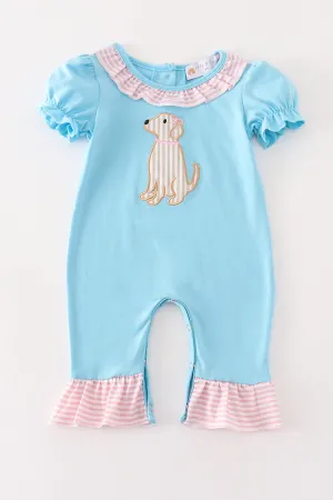 Blue puppy applique girl romper