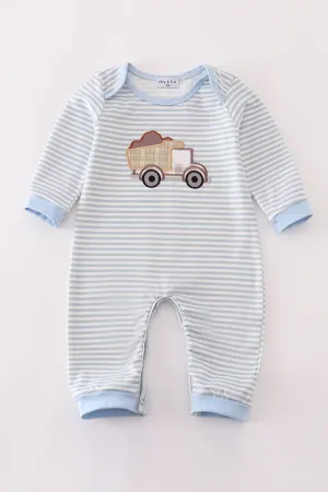 Blue stripe dump truck applique boy romper