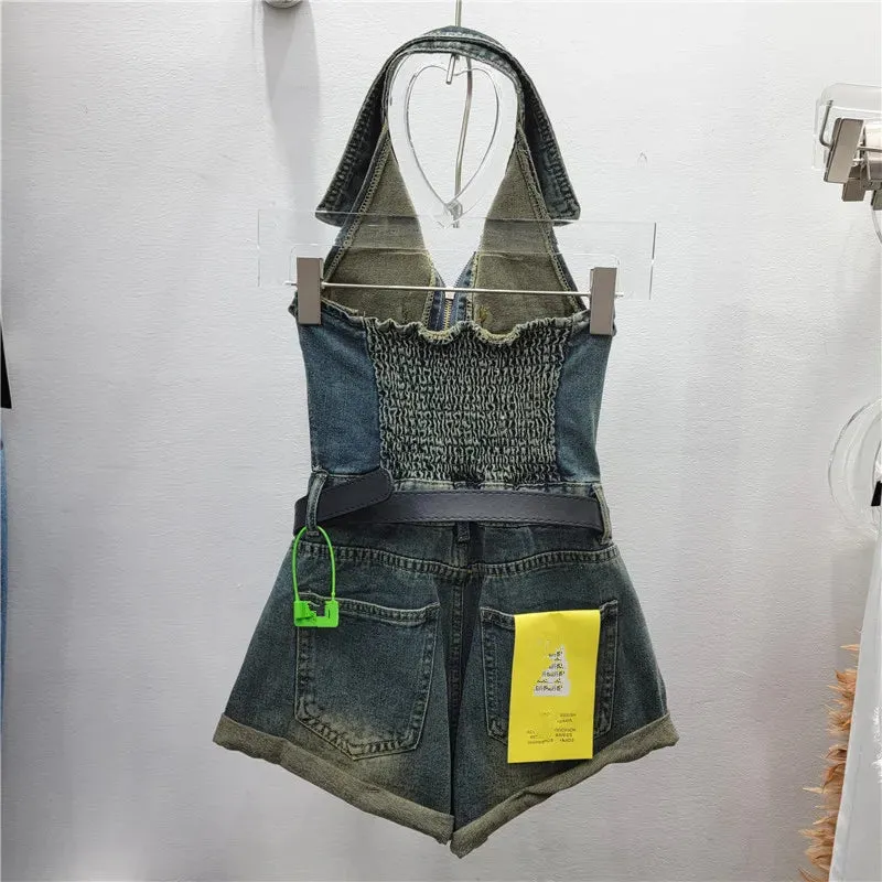 Bomblook C316RP 2024 Summer Vintage New Arrival Halter Jeans Playsuit Ladies Sleeveless Denim Pants Rompers With Belt Women