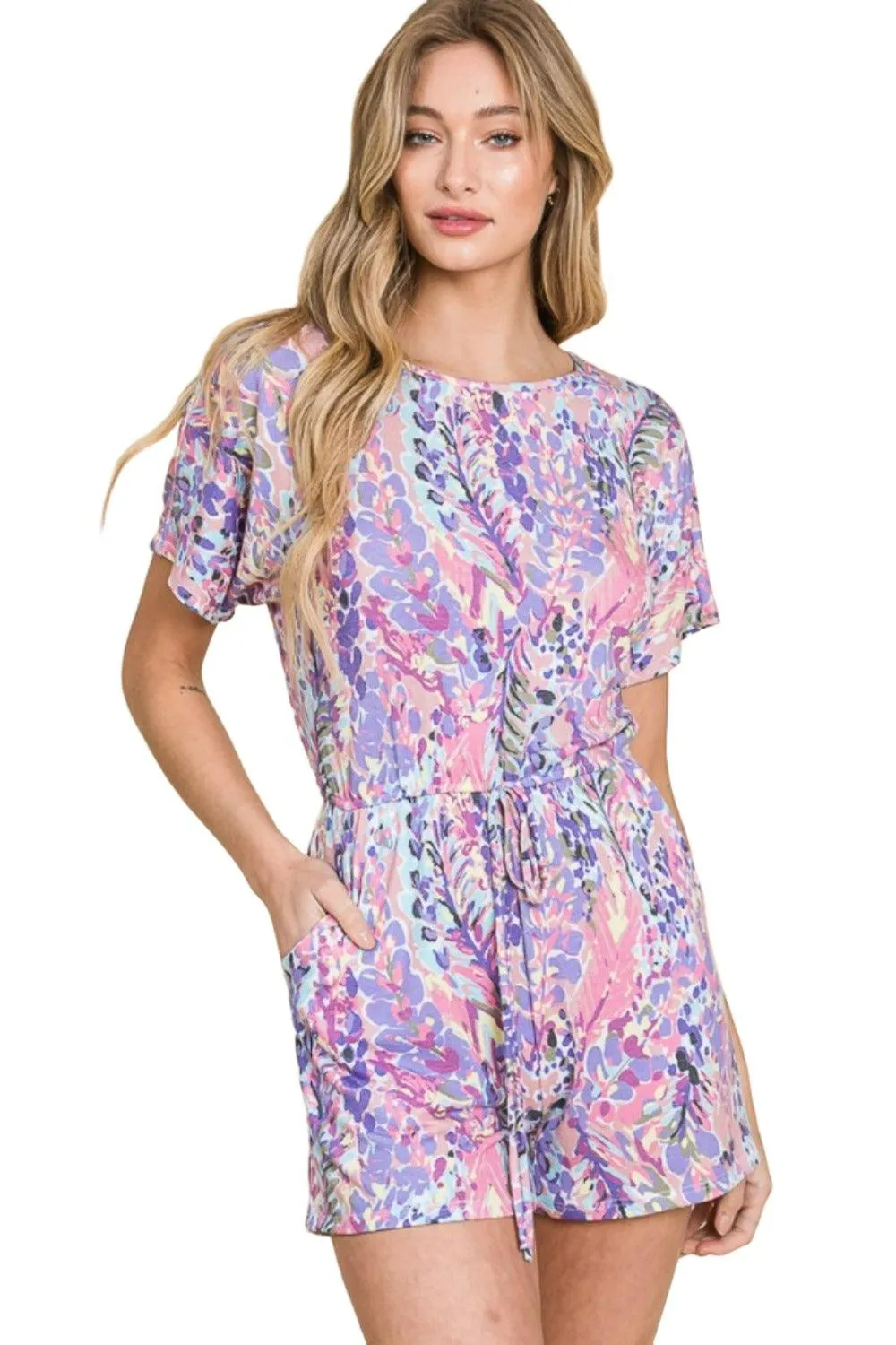 BOMBOM Print Short Sleeve Romper with Pockets