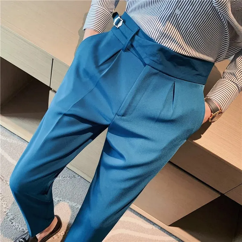 British Style Men's High Waist Ankle Length Smart Dress Pant Belt Design Slim Trousers