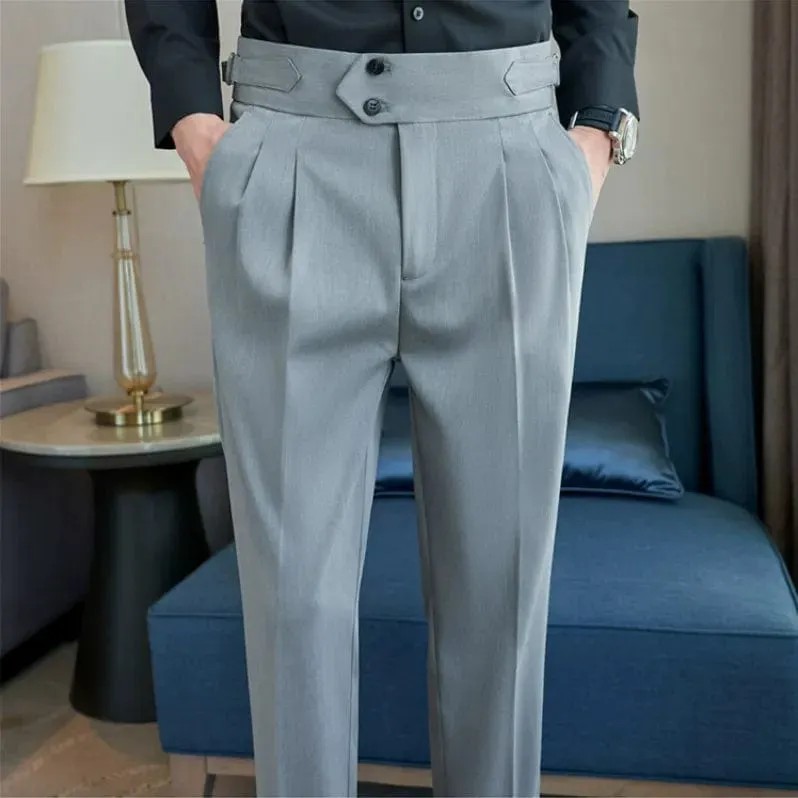 British Style Men's High Waist Ankle Length Smart Dress Pant Belt Design Slim Trousers