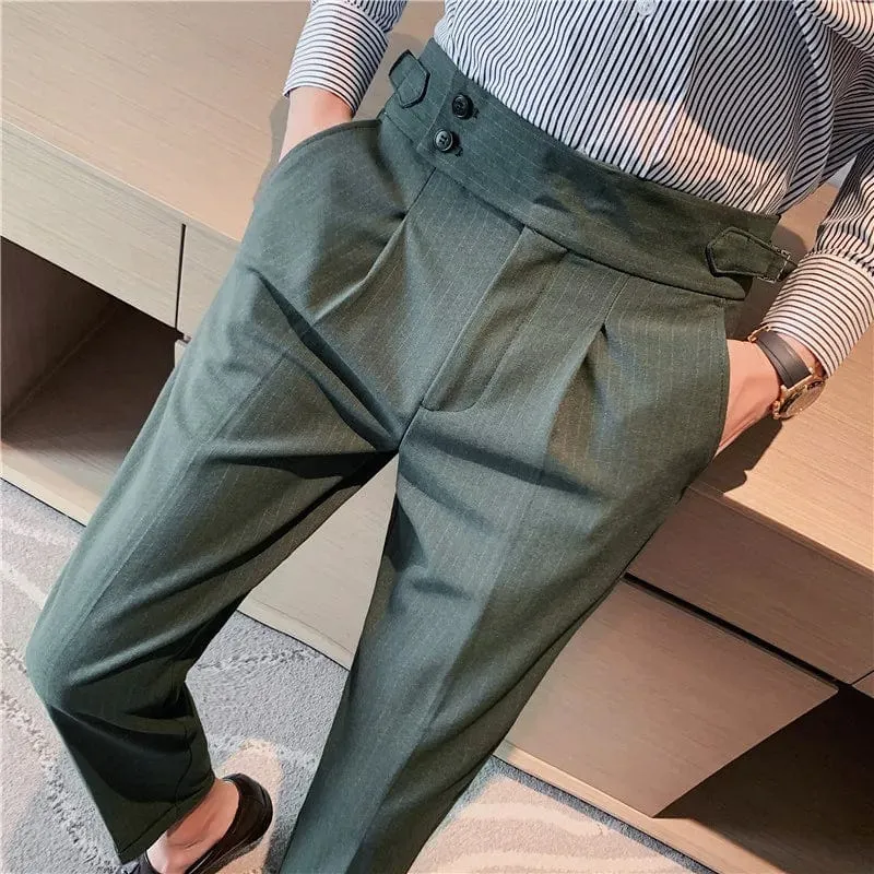 British Style Men's High Waist Ankle Length Smart Dress Pant Belt Design Slim Trousers