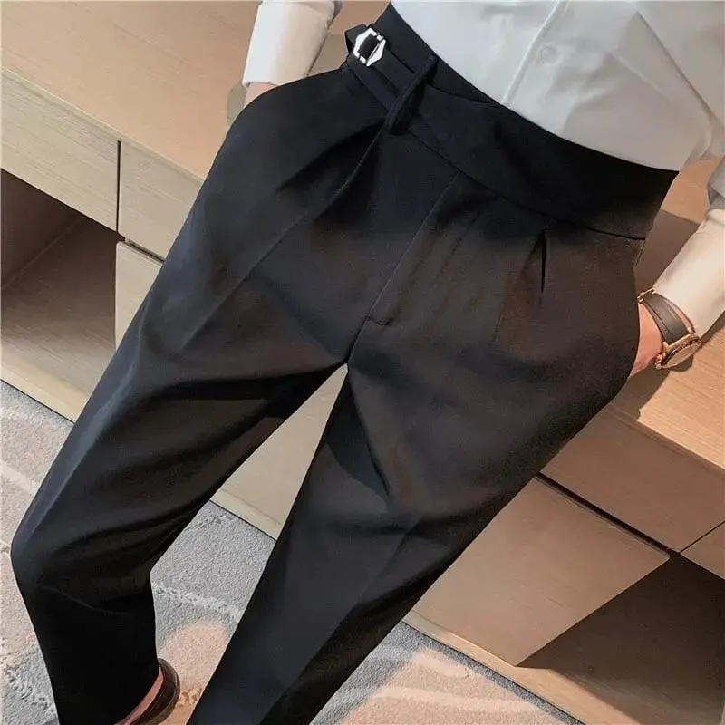 British Style Men's High Waist Ankle Length Smart Dress Pant Belt Design Slim Trousers