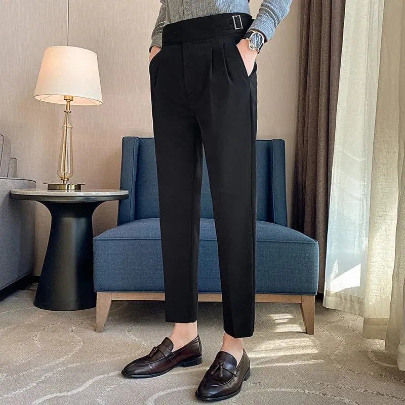 British Style Men's High Waist Ankle Length Smart Dress Pant Belt Design Slim Trousers