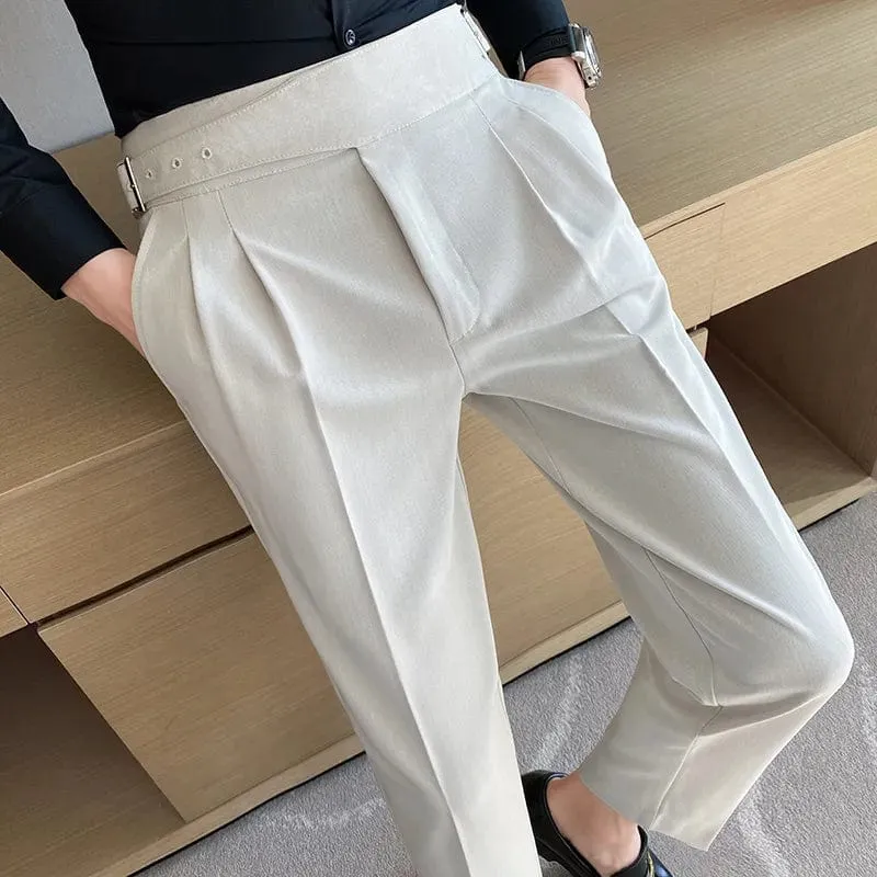 British Style Men's High Waist Ankle Length Smart Dress Pant Belt Design Slim Trousers