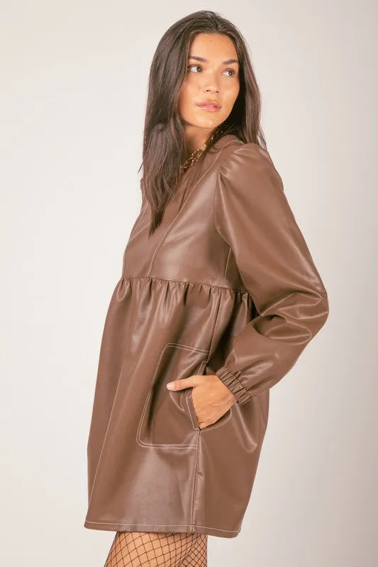 Brown V-neck Flare Faux Leather Babydoll Mini Dress