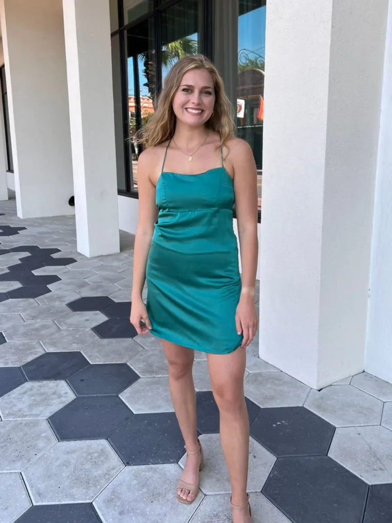 CAMILLE SATIN MINI DRESS IN EMERALD