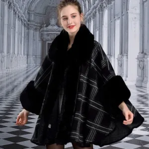 Cape Plaid Poncho Big Fur Collar Shawl Thick Warm Knit Coat