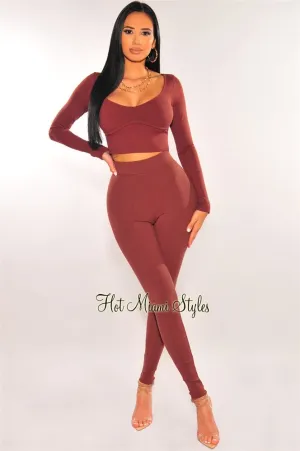 Chocolate Ribbed Knit High Waist Leggings