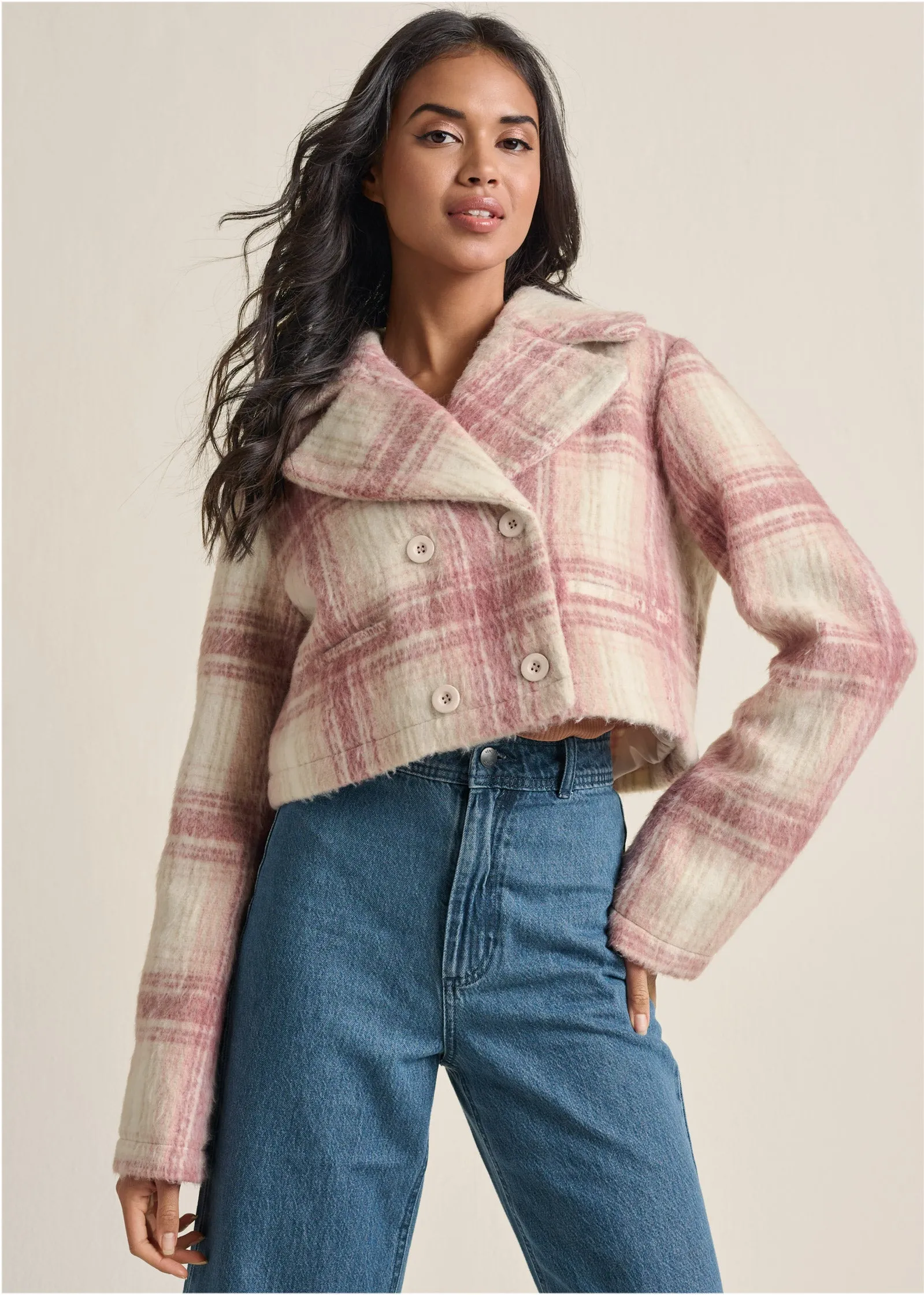 Crop Double Breasted Jacket - Pink Multi